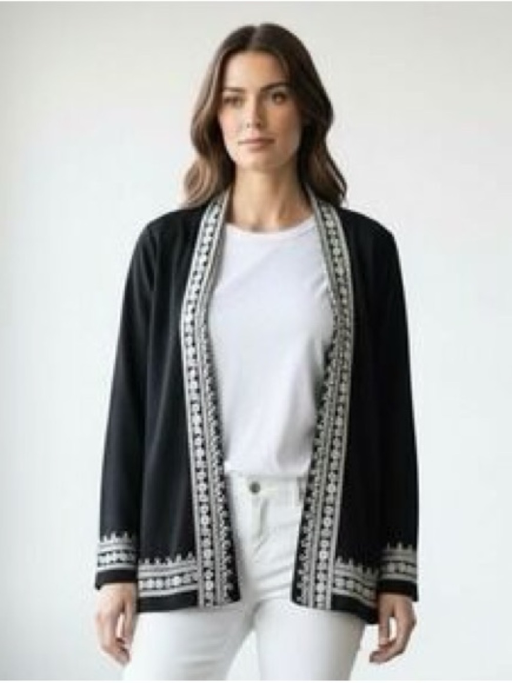 LUCKY BRAND cotton Whitney Embroidered Open cardigan Black‎ cream large